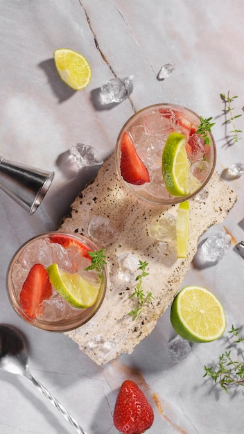 Two glasses with fresh strawberry soda drink ice lime thyme on travertine podium on pink marble