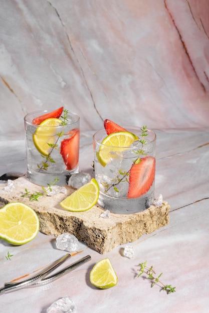 Two glasses with fresh strawberry soda drink ice lime thyme on travertine podium on pink marble