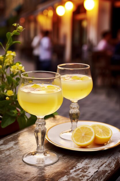 Photo two glasses with lemon cocktail on the street cafe table at the evening