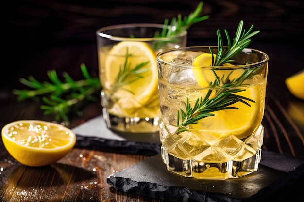 Two glasses with lemon and rosemary cocktail