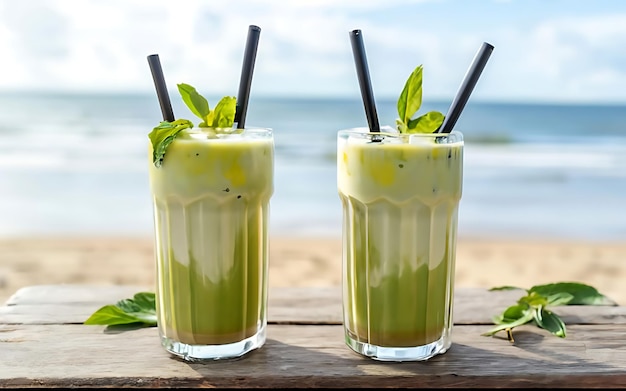 Two glasses with soft drinks with straws on the table non alcoholic tropical drink with passion fruit and milk matcha latte the black straws in exotic vegan drinks flutter in the wind ocean breeze