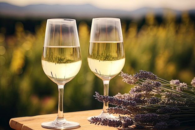 Two glasses with white wine on background of a lavender field