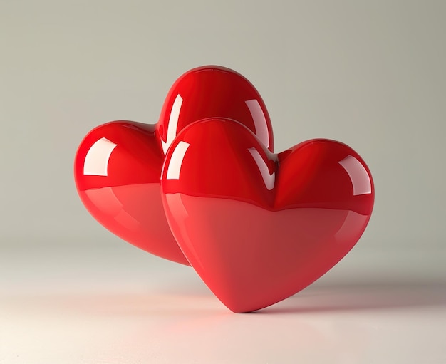 Two glossy red hearts intertwined symbolizing love and romance on a soft red background