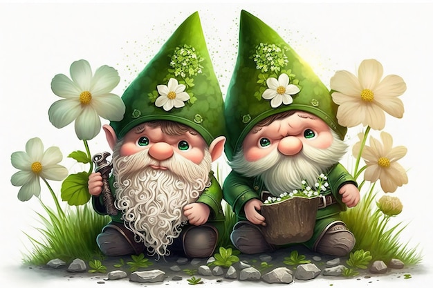 Photo two gnomes sit on a rock with flowers.
