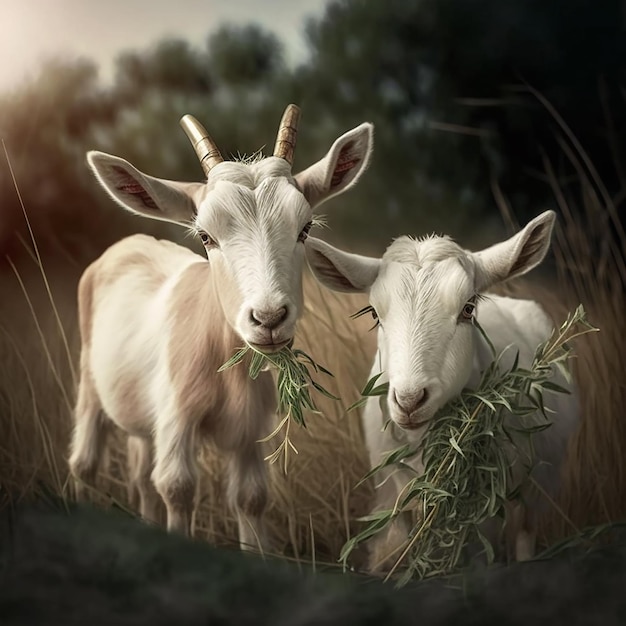 Two goats are eating grass and one has a horn on its head.