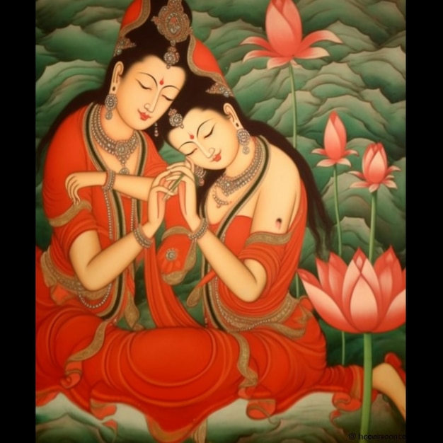 Two goddesses lotus flowers sit oil painting image ai generated art