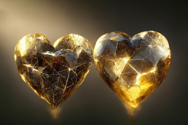 Two gold crystal hearts on gray blur background Ai generated art