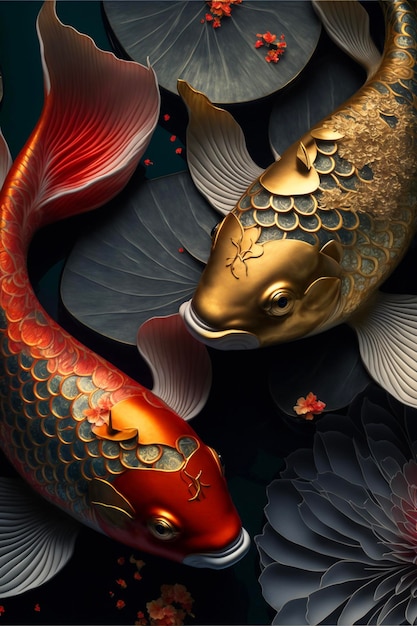 Two gold and red koi fish swimming in a pond of water generative ai