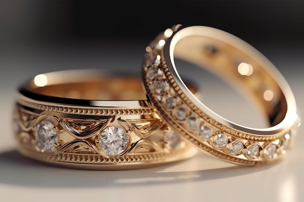 Two gold rings with diamonds on them sit on a table.