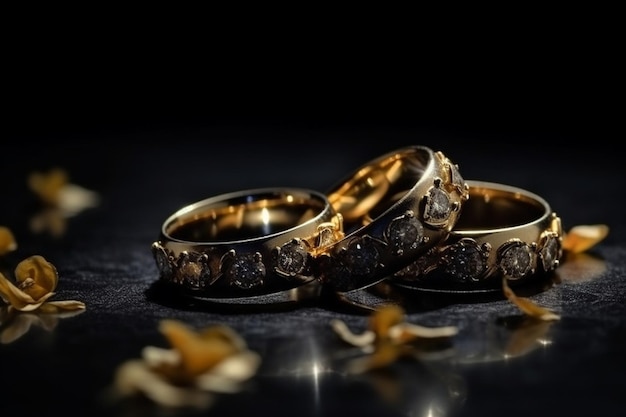 Two gold rings with diamonds on the top and the bottom one on the bottom.