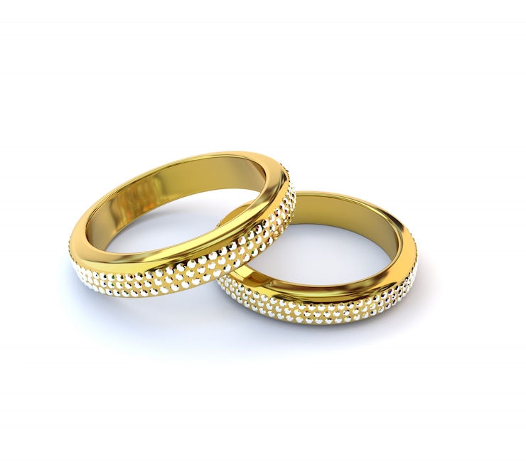 Photo two gold rings with diamonds on a white background. 3d illustration, render
