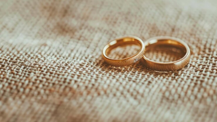 Photo two gold wedding rings on burlap fabric surface