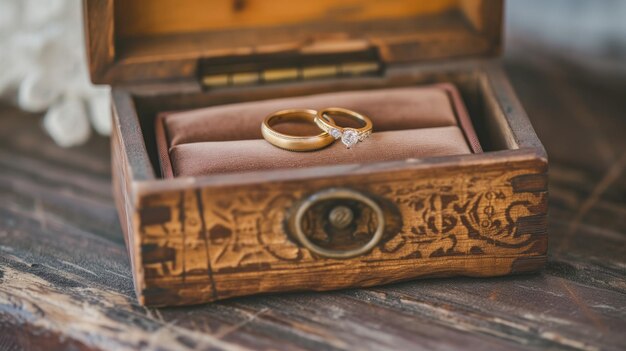 Two gold wedding rings in a chest Wedding preparations Horizontal format