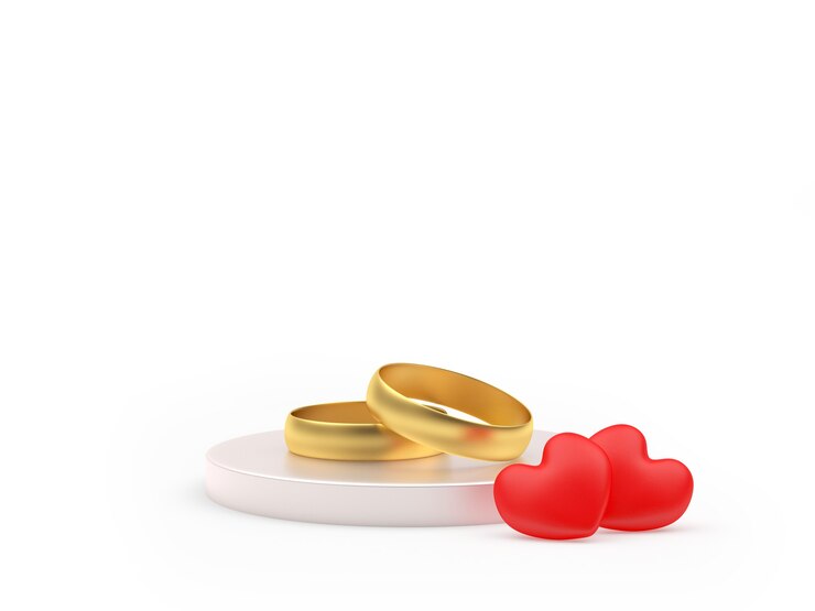 Photo two gold wedding rings and hearts on a stand
