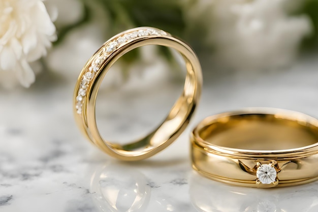 Two gold wedding rings on a light marble table with white flowers photo created using the Playground AI platform