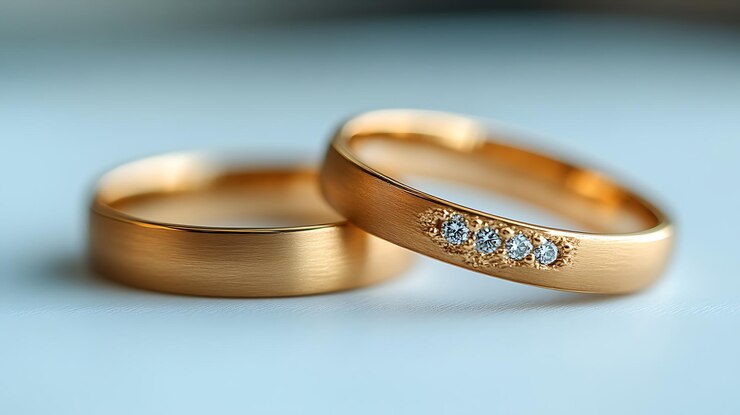 Photo two gold wedding rings with diamonds