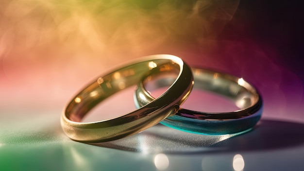 Two gold wedding rings with rainbow light background Generative AI