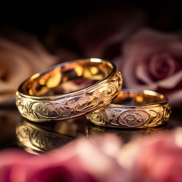 Two gold wedding rings with the word love on them