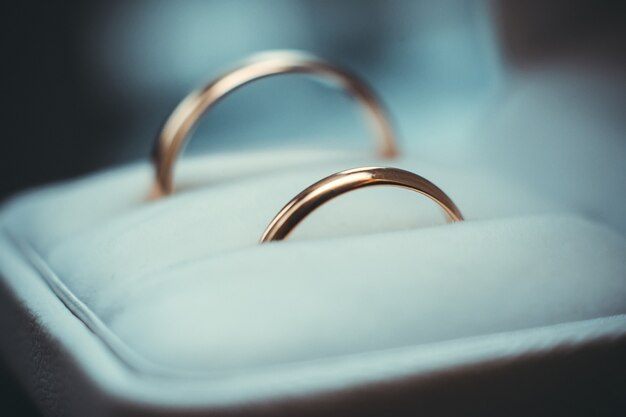 Two gold wedding traditional rings lie in a white box