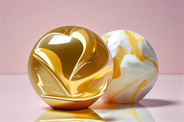 Two gold and white marble balls sit on a pink background.