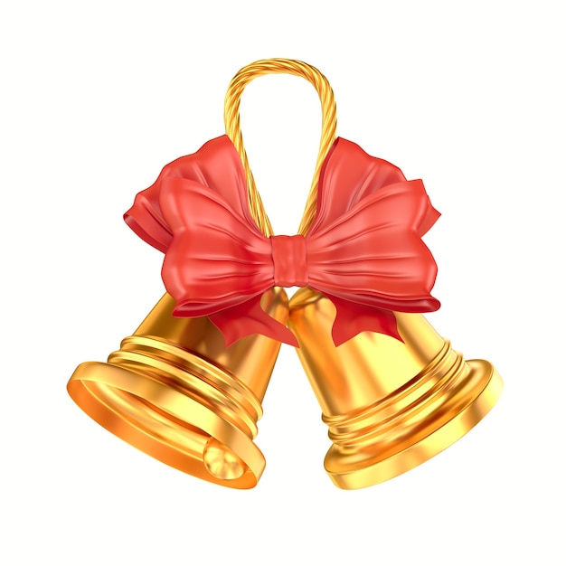 Two golden bells with bow on white background. Isolated 3D illustration