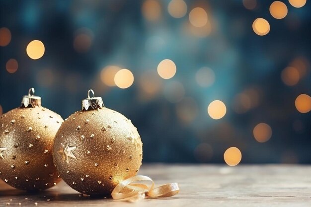 Foto due ornamenti d'oro di natale su un tavolo di legno