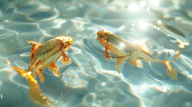 Two golden fish on the sparkling white water