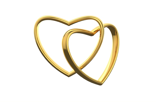 Two golden heart symbol of wedding commitment and togetherness - 3d rendering, 3d illustration