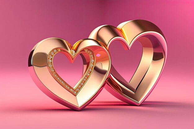 Two Golden Hearts on Pink Background Generative AI