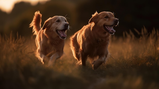 Две собаки золотистого ретривера резвятся на травяном поле в солнечный день Генеративный AI AIG18