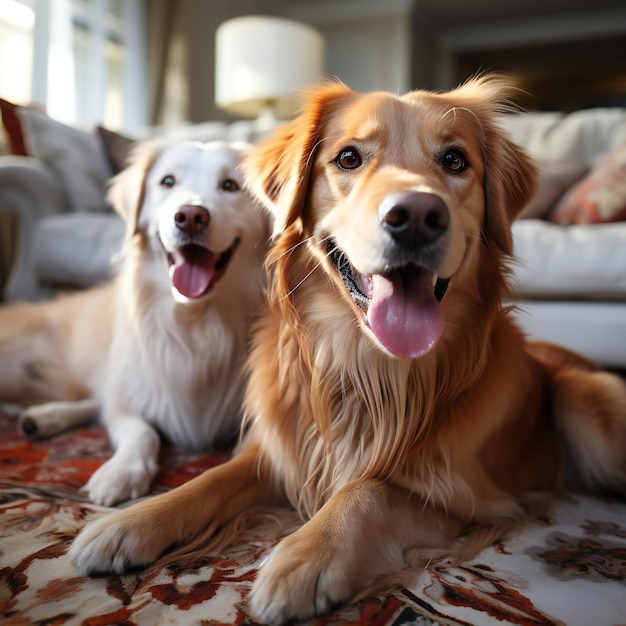 Two Golden Retrievers Dog Playing on the Living Room Rug