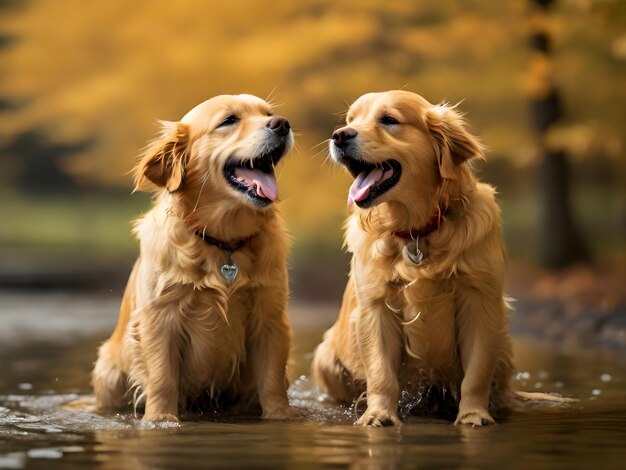 Photo two golden retrievers joyfully sit and affectionate bond between the dogs