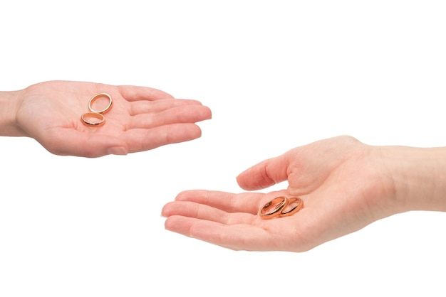 Two golden rings in a woman hand isolated on a white background
