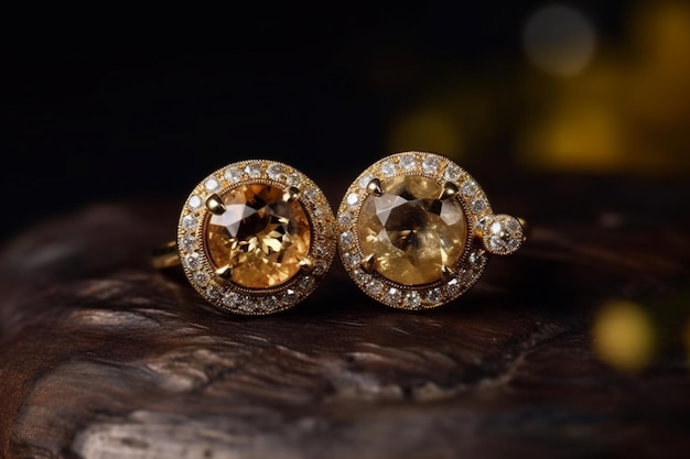 Two Golden sapphire earrings with small diamonds