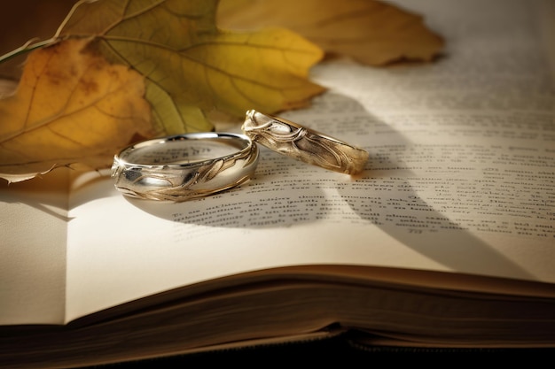 Two golden wedding rings book page with autumn leaves Matrimony couple ceremony gold jewelry Generate ai