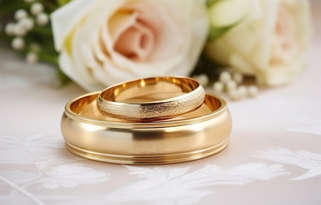 Two golden wedding rings on napkin with rose candle decor Wedd