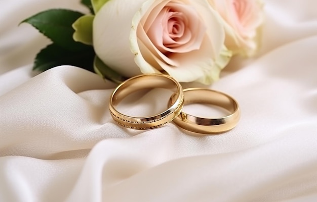 ナプキンに2つの金色の結婚指輪とバラのろうそくの装飾 結婚の結婚コンセプト