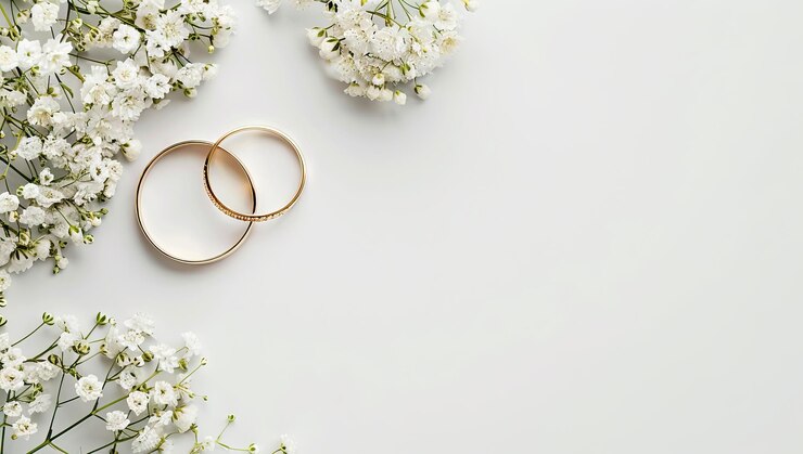 Photo two golden wedding rings with white roses on a gold background stock images engagement rings with a bouquet of white flowers image ai generated illustration