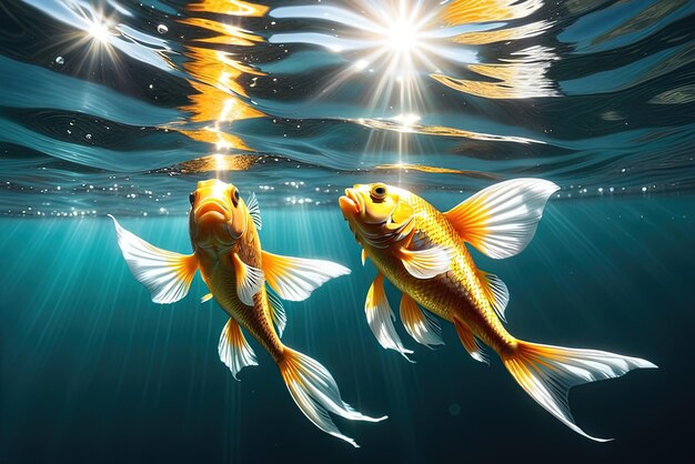 Two goldfish underwater the light shimmers and plays underwater realistic 3d illustration