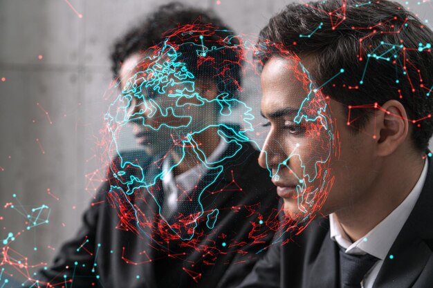 Foto due uomini d'affari di bell'aspetto che lavorano al progetto internazionale multiexposure world map hologram