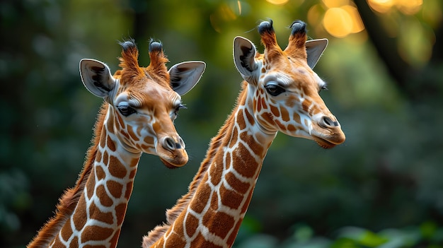 Два изящных жирафа среди пышного леса запечатлели красоту дикой природы в их естественной среде обитания.