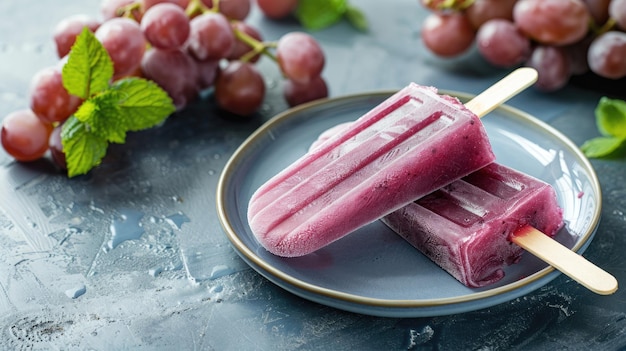 Два мороженого с виноградным вкусом на тарелке со свежим виноградом на заднем плане