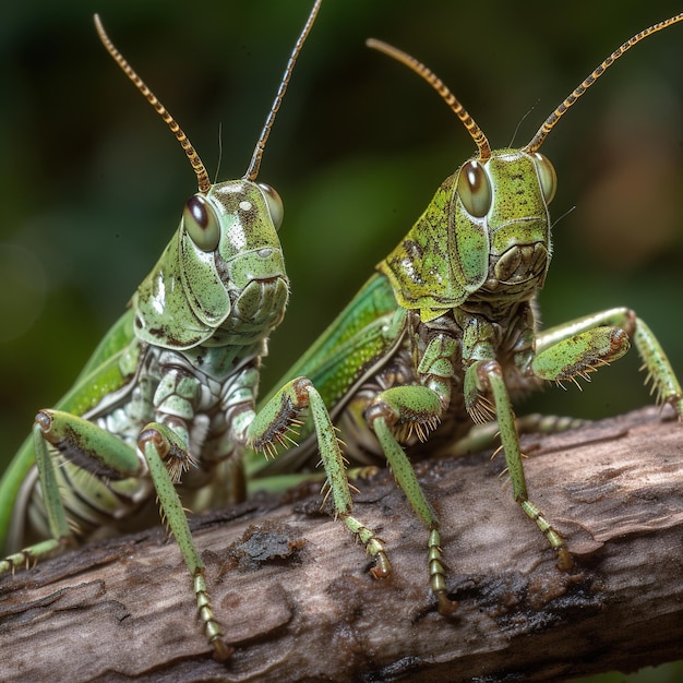 Two grasshoppers sit on a branch