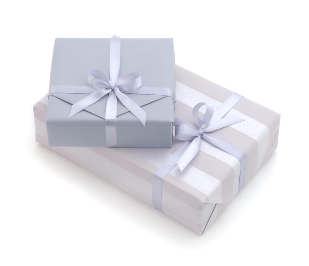 Two gray gift boxes with gray ribbon isolated on white color background