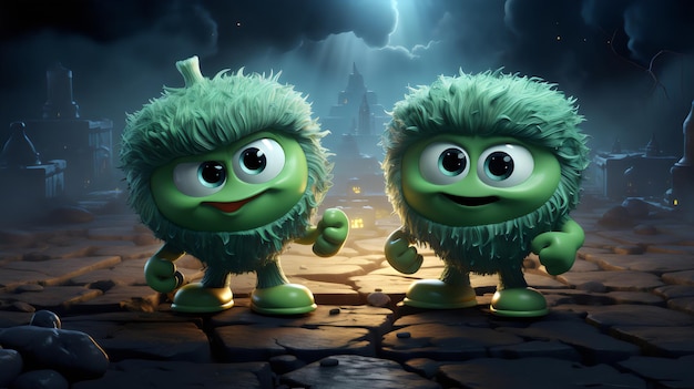 Foto due personaggi alieni verdi sono in piedi in una stanza buia