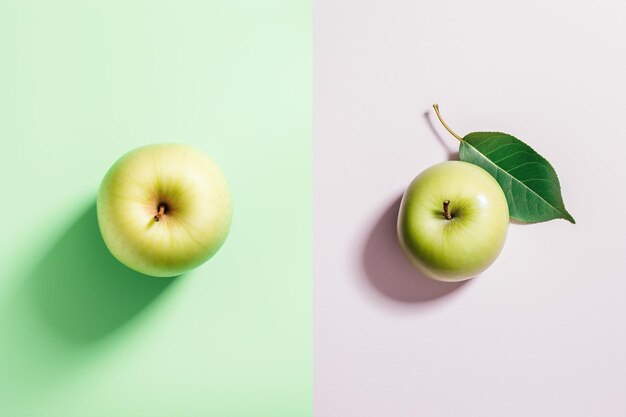 Two green apples on a pink and green background