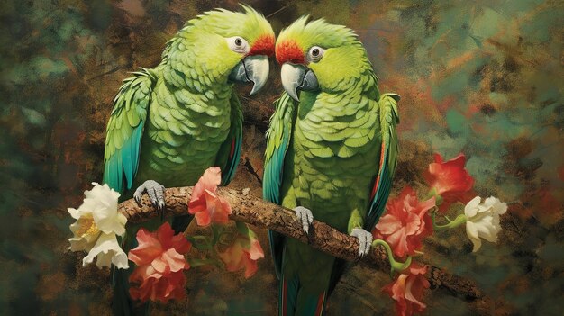 Two green carnation parrots Generative ai