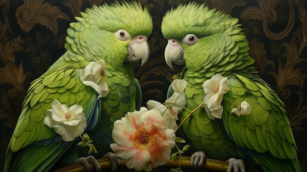 Two green carnation parrots Generative ai