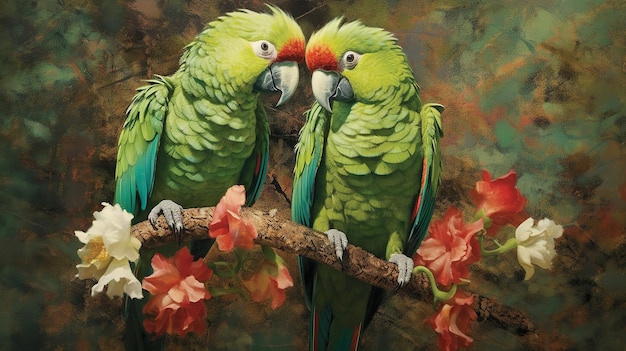 Two green carnation parrots Generative ai