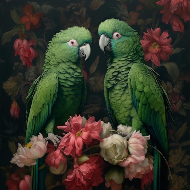 Two green carnation parrots Generative ai